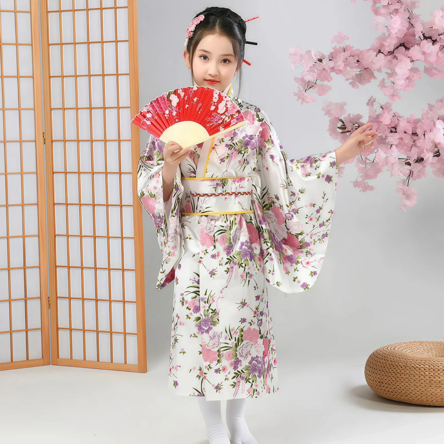 Kids Japanese Kimono Bathrobe Gown Japan Style Flower Yukata Dress Vintage Haori For Girl Halloween Cosplay Traditional Costume