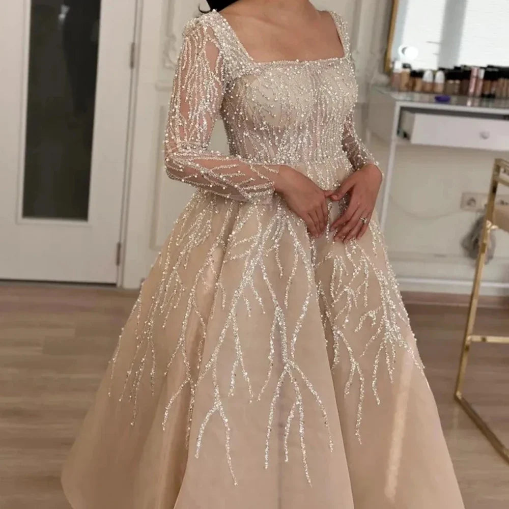 Customized Jiayigong Simple Beige A-line Tulle Evening Dress Suqare Collar Pleat With Sequined Applique Ankle Length Formal Gala
