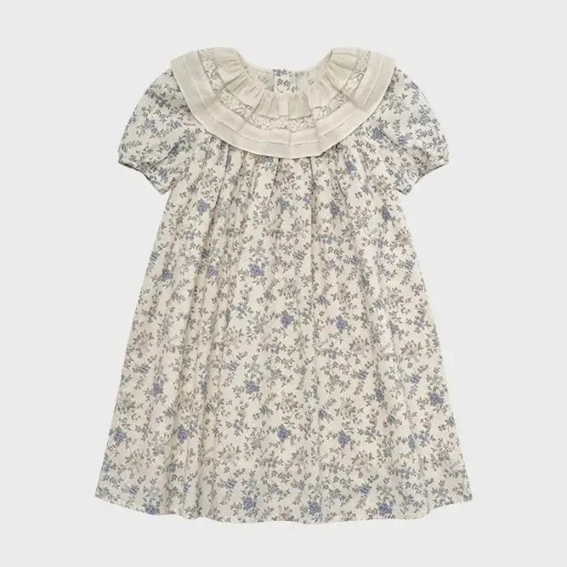 Summer LOU Girls' Printed Cotton Dress Short-Sleeved Handmade Embroidered Wide-Necked Children's Holiday Dress