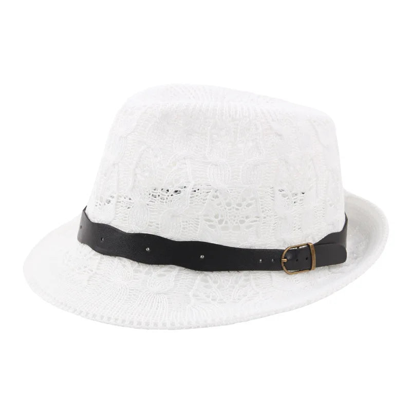 Summer Women's Knitted Mesh Breathable Curled Jazz Hat Leather Belt Panama Hat