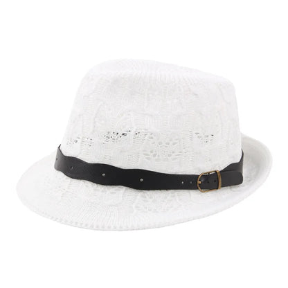 Summer Women's Knitted Mesh Breathable Curled Jazz Hat Leather Belt Panama Hat