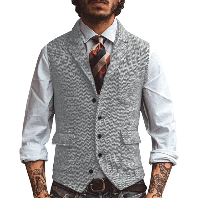 Men Vest Brown Herringbone Business Waistcoat Jacket Casual Slim For Wedding Groom Banquet Gilet Vest