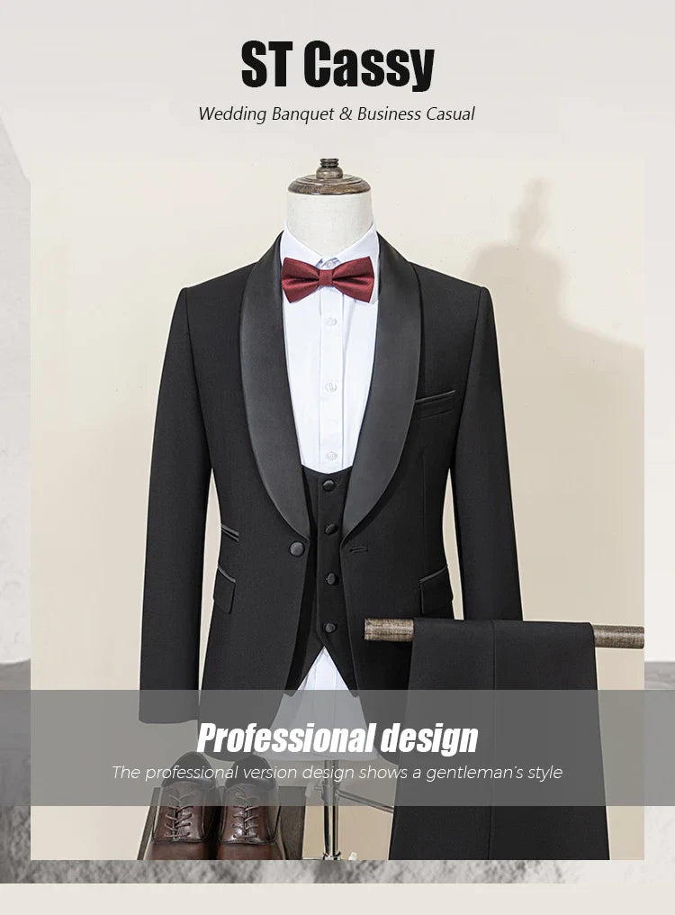 Men's Suit Black Collar Formal Dress Wedding Three-Piece Suit Orthodox Suit Vest Pants