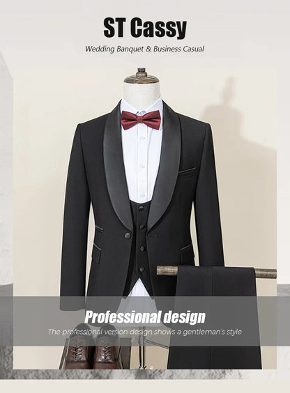 Men's Suit Black Collar Formal Dress Wedding Three-Piece Suit Orthodox Suit Vest Pants
