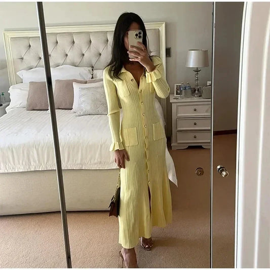 Winter Knitted Dress Women 2025 New Long Sleelve Ruffles Single Breasted Long Dresses Female Party Fashion Sweater Vestidos