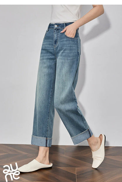 Women Denim Jeans 2025 Spring New Straight Wide Leg Rolling Up Ankle Length Cropped Pants