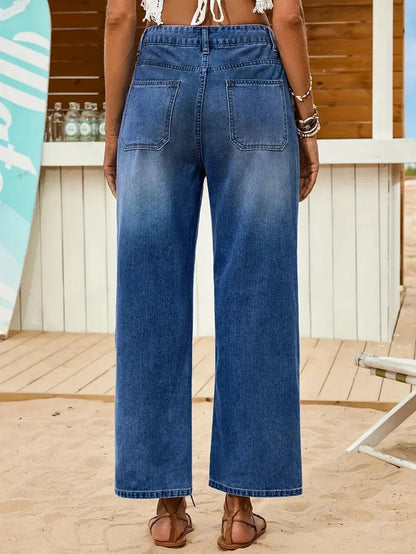 Women's Straight Leg Denim Jeans with Multi-Button Closure - Dark Wash Blue Denim Pants for Comfort and Style