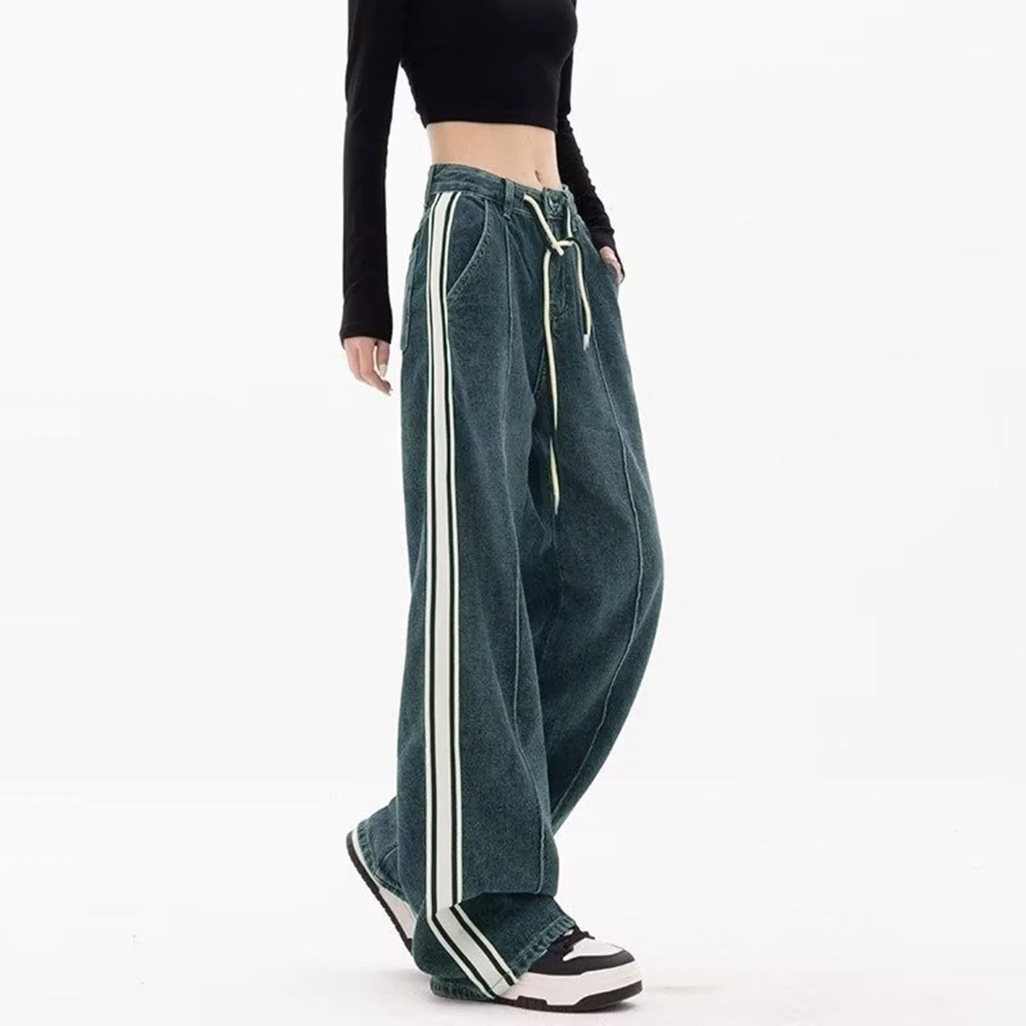 Harajuku Y2k Trendy Denim Pants Women Striped Drawstring High Waist Jeans Korean Style Vintage Loose Wide Leg Trousers