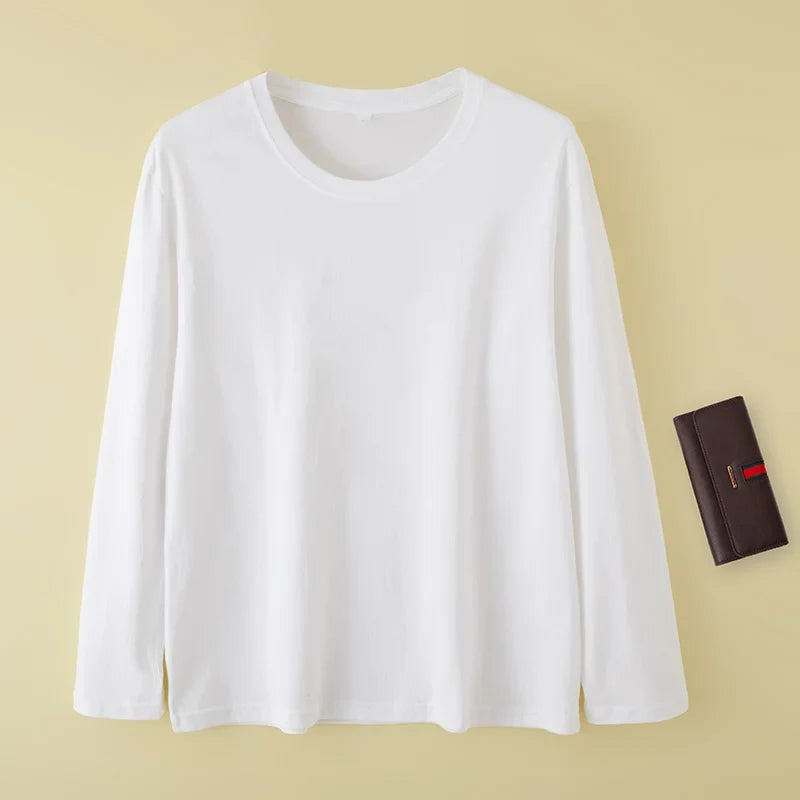 Women T-shirts Long Sleeve Solid O-neck Tops Cotton White Bottoming Shirts Spring Autumn T-shirts Harajuku Tees Loose Tshirt