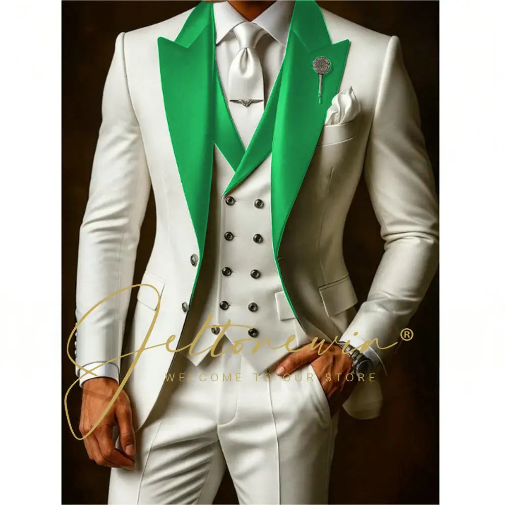 White Suits Set For Men Wedding Party Fashion Blazer Vest Pants Formal Groomsmen Tailor-made Male High Quality Groom Tuxedos