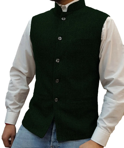 Mens Retro Vest Herringbone Wool Blended Smart Casual Stand Collar Single Breasted Waistcoat Adjustable Buckle Men's Suit Vest