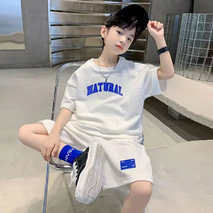 Summer Casual Boys Waffle Loose Alphabet T-Shirt Tops+Shorts Pant School Kids 2PCS Tracksuit Children Outfit Workout Set 5-16 Yr
