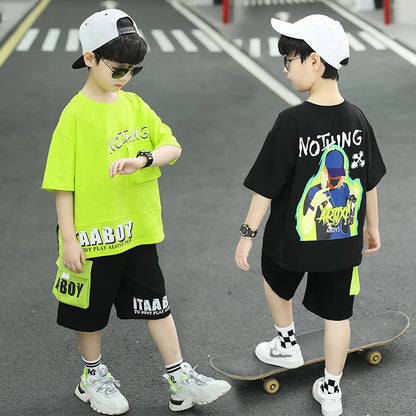 Kpop Boys Clothes Sets 2026 Summer Teen Kids Fashion Letter Print Short Sleeve T-shirt+Shorts 2Pcs Children Tracksuit Outfits