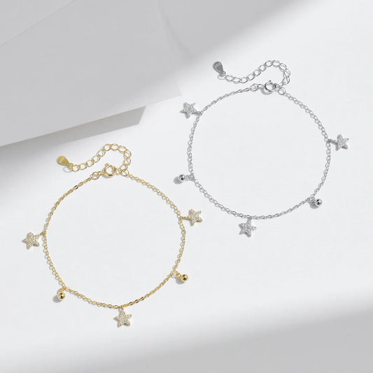 Bracelets Pendentifs Breloques Étoiles et Perles en Argent Sterling 925, Chaîne Maillons Empilables Couleur Or pour Femmes, Bijoux de Fête