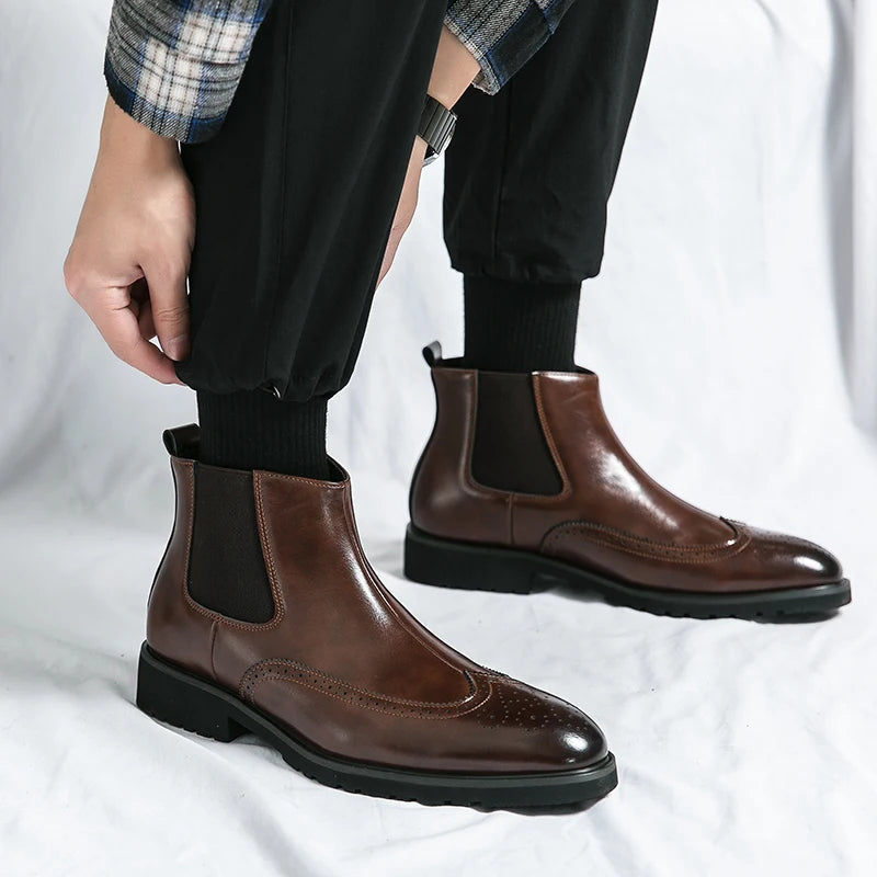 Luxury Men Brogue Boots Men's Ankle Boots High Quality Mens Chelsea Boots Slip on Oxford Formal Business Shoes Plus Size 38-46