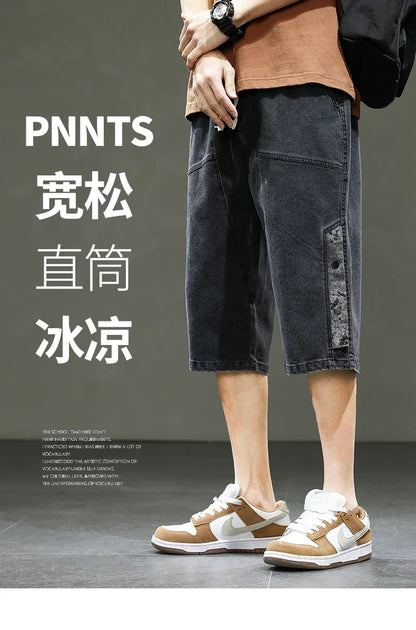 Korean Style Summer Men's Black Wide Leg Denim Shorts New Fashion Casual Baggy Short Jeans Male Plus Size 6XL 8XL YBR602