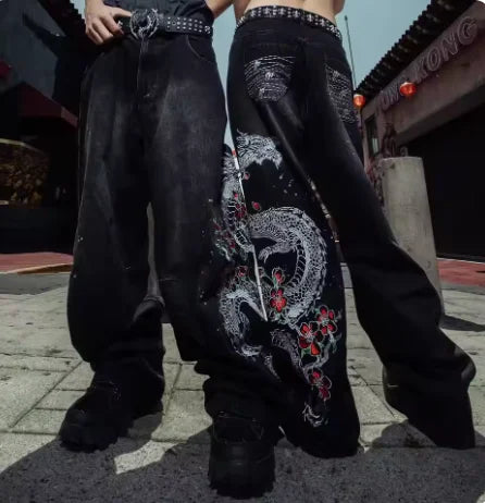 New White Jeans Y2K Dragon Pattern Mens American High Street Retro Korean Straight Pants Harajuku Hip-Hop Couple Wide Pants