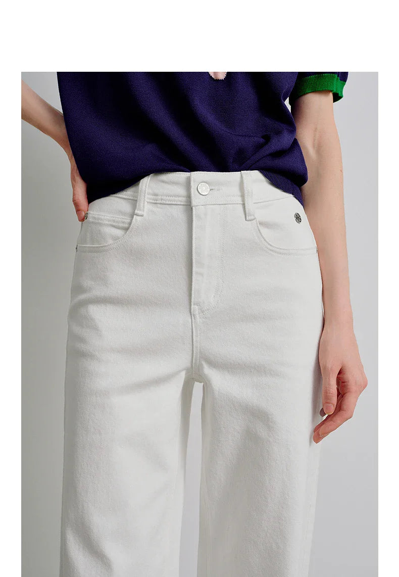Women Jeans 2026 Spring New Black Label Lycra Stretchy White Frayed Cuff Loose Wide-Leg Pants