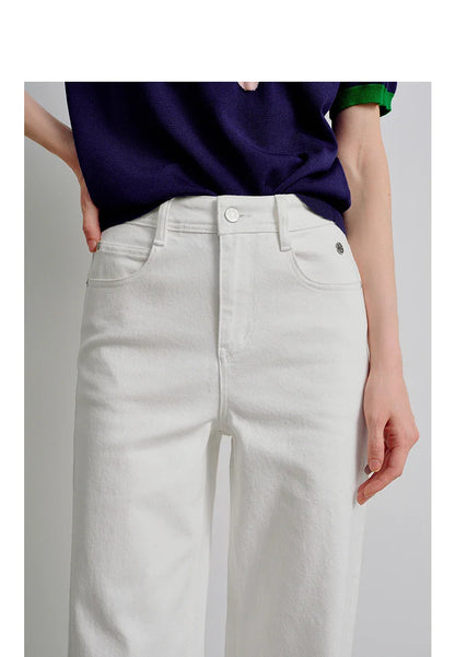Women Jeans 2026 Spring New Black Label Lycra Stretchy White Frayed Cuff Loose Wide-Leg Pants