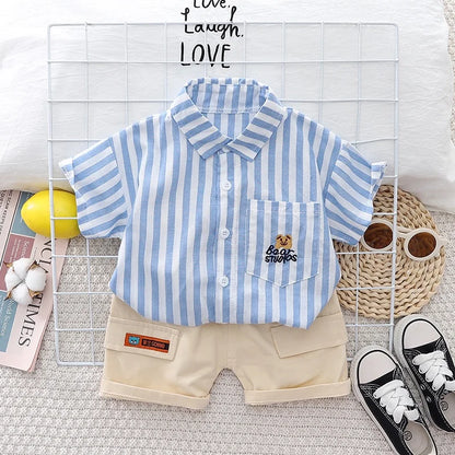 New Summer Baby Boy Clothes Set Toddler Boys Striped Cartoon 2-Piece Outfit with Cargo Shorts Casual Infant Children's Clothing