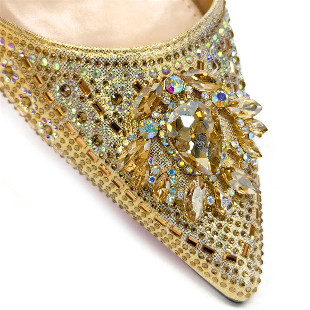 2024 Latest Wedding Pointed Toe Women's Shoes High Heel Black Color Rhinestones italian shoes and bags matching set