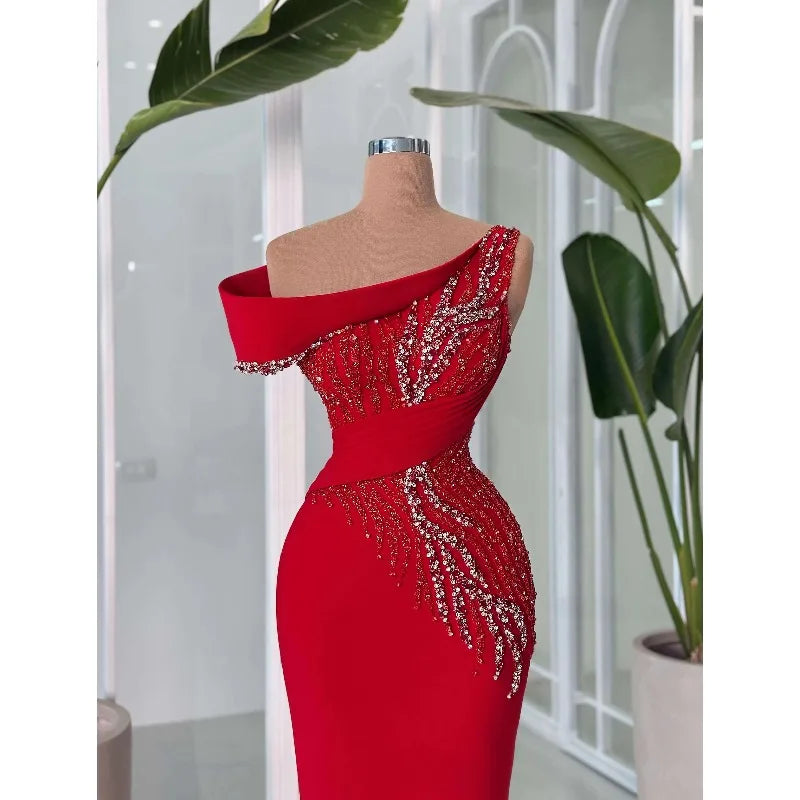 Elegant Red Mother of The Bride Dresse Long 2025 Crystal Beaded Wedding Guest Gown Satin Off Shoulder Formal Vestidos Customized