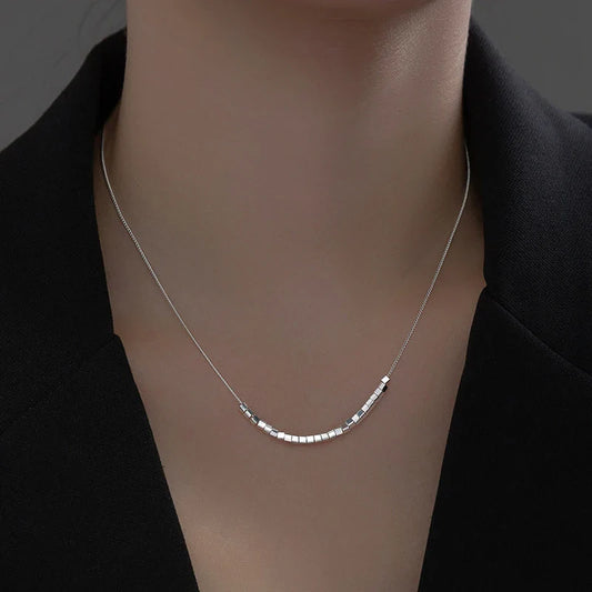 925 Sterling Silver Slide Block Sparkling Necklace Basic Chain Link Simple Fine Jewelry For Women Valentine's Day Gift