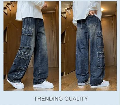 Autumn New Men's Loose Jeans Multi-pocket Work-wearing Jeans Street Hip-hop Straight Wide-leg Pants Baggy Dance Pants