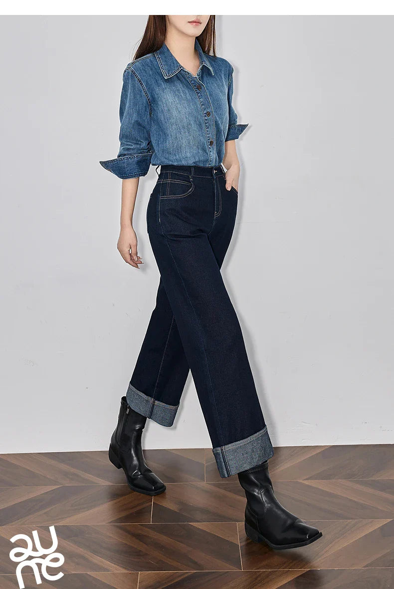 Women Denim Jeans 2025 Spring New Straight Wide Leg Rolling Up Ankle Length Cropped Pants