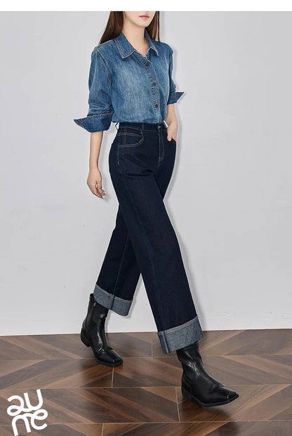 Women Denim Jeans 2025 Spring New Straight Wide Leg Rolling Up Ankle Length Cropped Pants