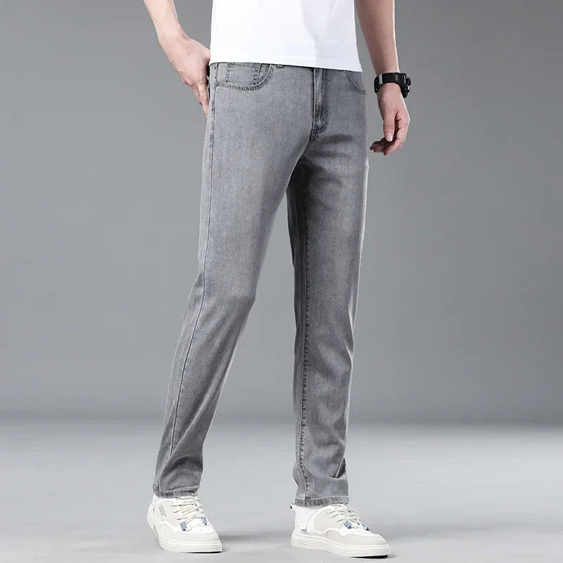 New Men's Thin Lyocell Jeans Soft Business Stretch Fashion Trousers Slim Brand Casual Elasticity Denim Pants Male Clothes