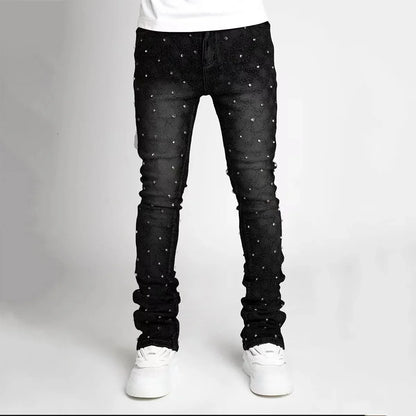 Blue Stretchy Pearls Skinny Jeans For Men 2024 New Fashion Fashion Rhinestone European Street Personality Stacked Denim Pants