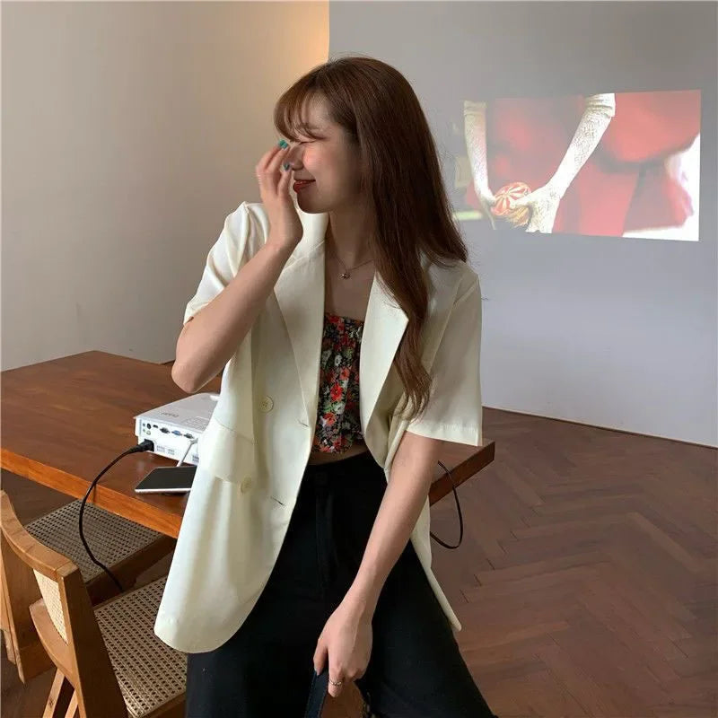 2025 Women's Summer Short-sleeved Jacket Casual All-match Loose Double-breasted Blazers Coat Woman Korean Chic White Blazer