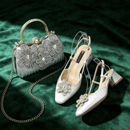 Party Shoes and Bag Ladies Heel Decoration Pure Elegant Flower Wedding Shoes and Bag Full Rhinestone Fashion Handbag