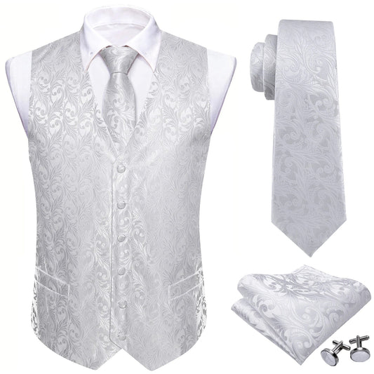 100 Colors Men Vest Tie Hanky Cufflinks Set Waistcoat Paisley Floral Jacquard Sleeveless Jacket Wedding Business