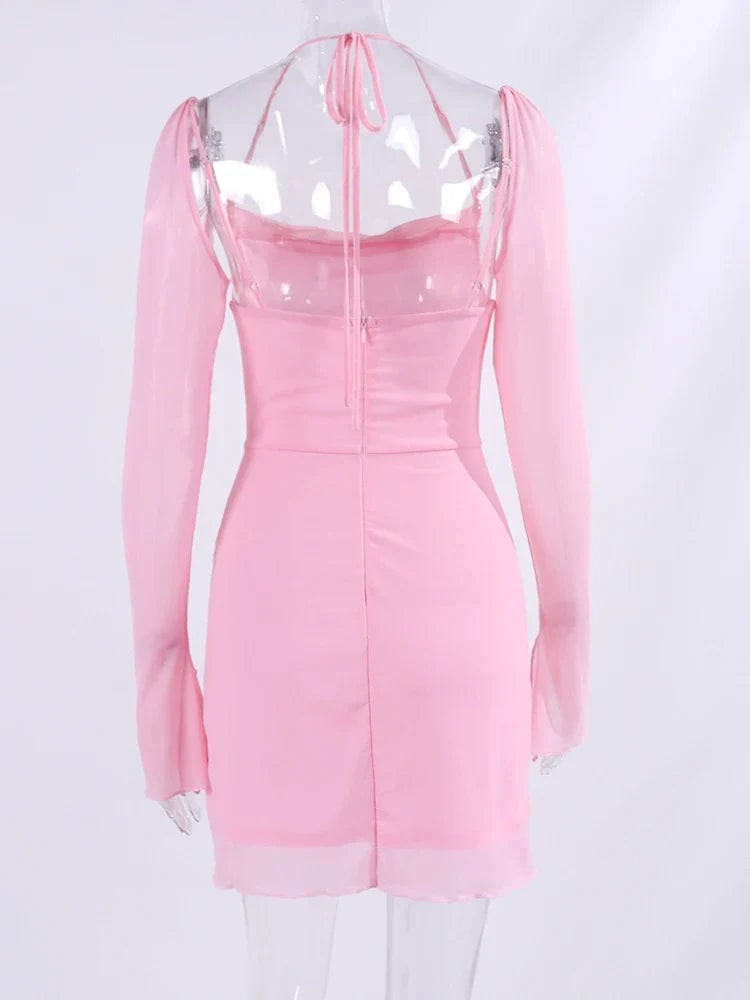 Halter Flounce Sleeves Mesh Pink Dress Women Sexy Solid Backless Bandage Mini Vestido Summer Vacation Party Club