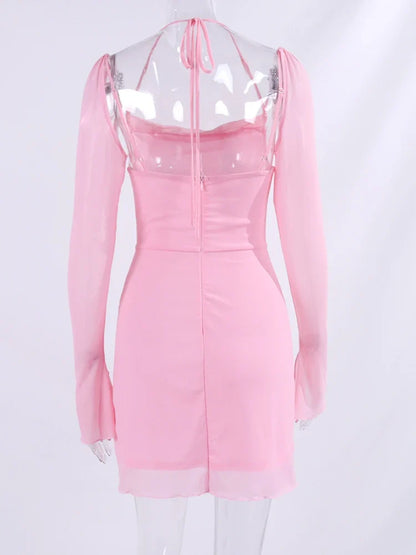 Halter Flounce Sleeves Mesh Pink Dress Women Sexy Solid Backless Bandage Mini Vestido Summer Vacation Party Club