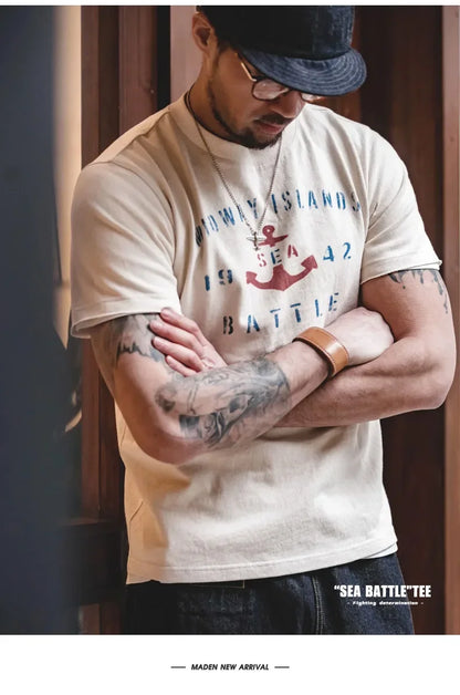 Vintage Letter Print Cotton Short Sleeve T-Shirt Men's Summer Loose Fit Ribbed Crew Neck Tee Casual Street Tops for Daily