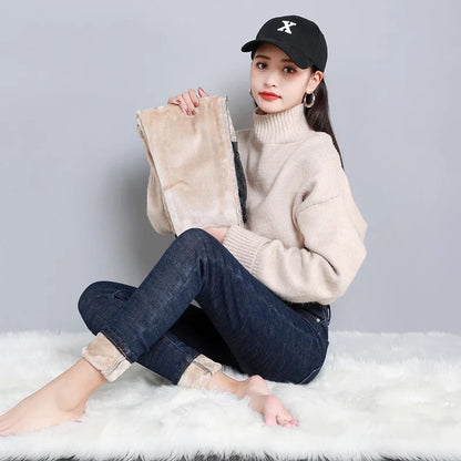 2023 Fashion Women Stretch High Waist Pencil Pants Casual Female Velvet Jeans High Quality Fleece Mom Jeans Thick Plush Pants