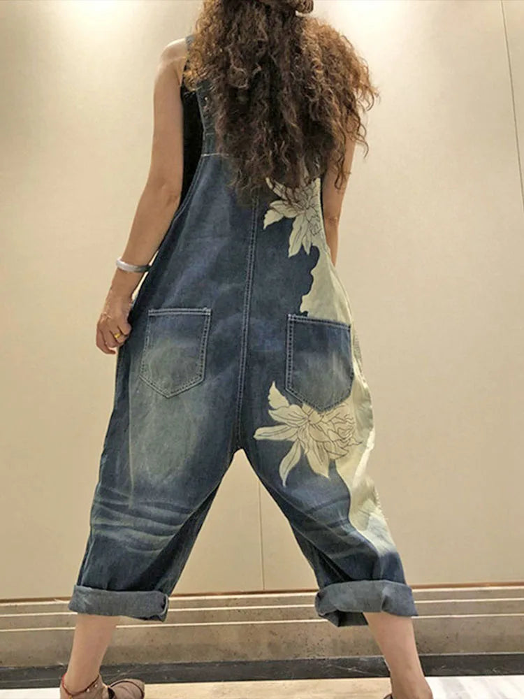 2025 Females Fashion Overalls Ladies Summer Printed Denim Pantalons Vintage Casual Jeans Womens Loose Vintage Trousers