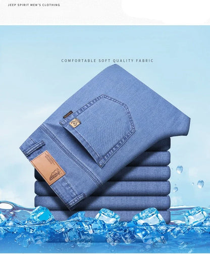 Men's Ice Silk Jeans Summer New Lyocell Thin Business Casual Denim Pants Classic All Match Slim Fit Straight Elastic Jean Male