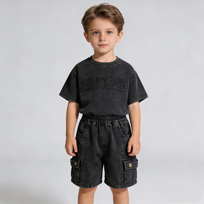 Toddler Boys 2Pcs Summer Outfits Letter Short Sleeve T-Shirt Washed Denim Shorts Set Kids Boys Casual Streetwear Clothes 2-6Year