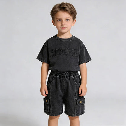 Toddler Boys 2Pcs Summer Outfits Letter Short Sleeve T-Shirt Washed Denim Shorts Set Kids Boys Casual Streetwear Clothes 2-6Year
