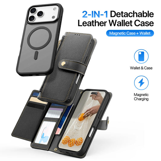 2in1 Magnetic Detachable Wallet Folio Case for iPhone 17 Pro Max/17 Air/16plus 15Leather Cover with Card Slots & Clasp