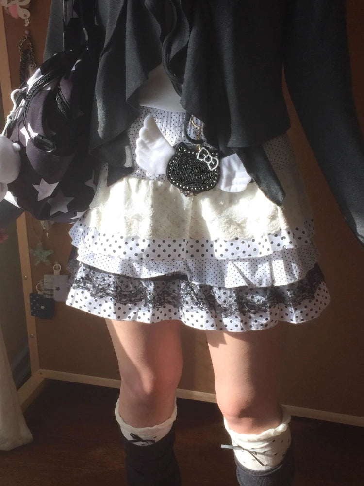 Sweet Lace Lolita Loose Skirt Women 2025 Summer Japanese Elastic Waist Patchwork Polka Dot Cake Skirts Hepburn New Vintage Skirt