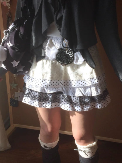 Sweet Lace Lolita Loose Skirt Women 2025 Summer Japanese Elastic Waist Patchwork Polka Dot Cake Skirts Hepburn New Vintage Skirt