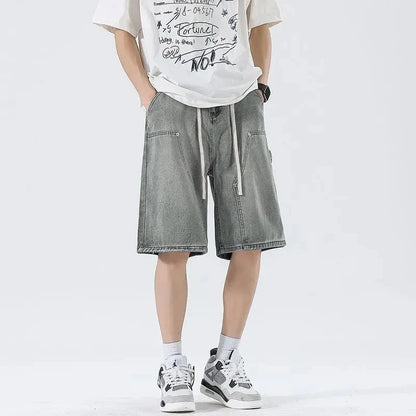 Fashion Streetwear Men's Denim Shorts Summer Loose Vintage Harajuku Splicing Hip-hop Cargo Moto Short Jeans Black Blue