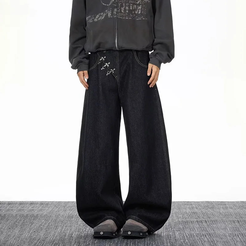 2026 Spring/Summer Korean Black Men'S Curved Knife Jeans Loose Straight Legs Casual Wide Legs 3xl Large Jeans