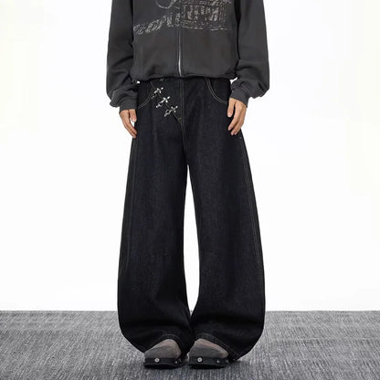 2026 Spring/Summer Korean Black Men'S Curved Knife Jeans Loose Straight Legs Casual Wide Legs 3xl Large Jeans