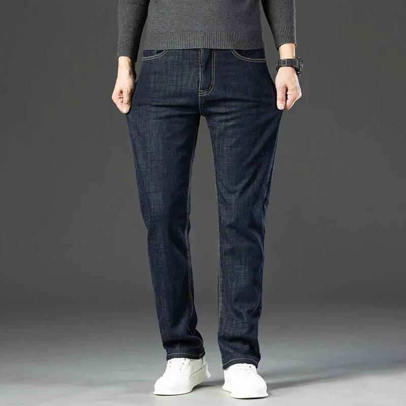 Winter Warm Fleece Jeans Men 2025 Straight Stretch Thick Casual Thermal Denim Pants Male Business Work Trousers New Men Clothing